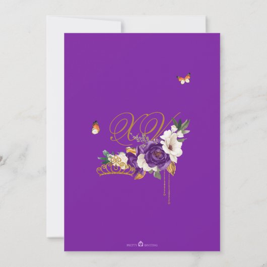 Violet Lila Rose Schmetterling Gold Tiara Quince Einladung (Rückseite)