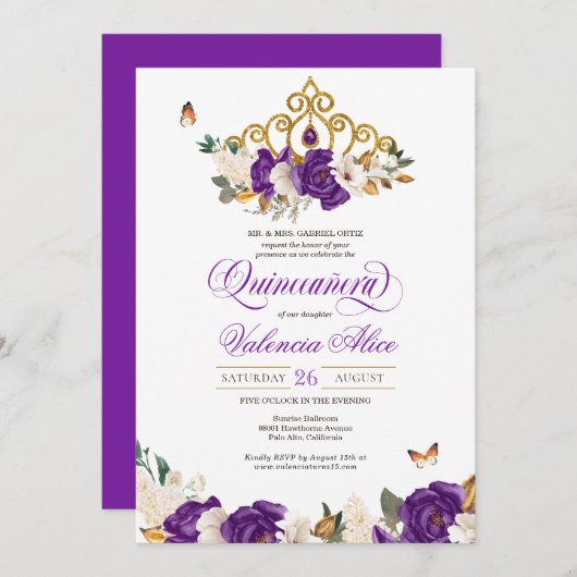Violet Lila Rose Schmetterling Gold Tiara Quince Einladung (Vorne/Hinten)