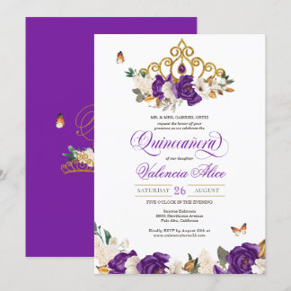Violet Lila Rose Schmetterling Gold Tiara Quince Einladung