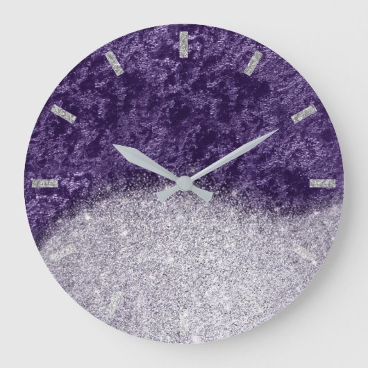 Violet Lila Silver Grau Velvet Eggplant Glitzer Große Wanduhr (Vorderseite)