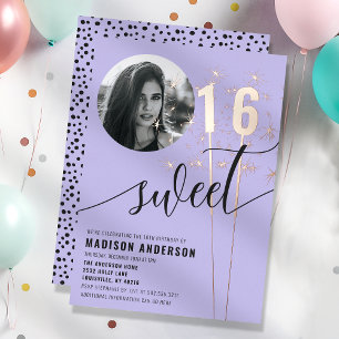 Violet Lila Sparkler Sweet 16 Geburtstag Foto Folieneinladung