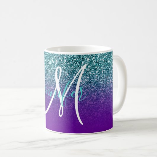 Violet Lila und Aquamarin Ombre Glitzer Mit Monogr Kaffeetasse (VorderseiteRechts)
