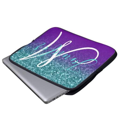 Violet Lila und Aquamarin Ombre Glitzer Mit Monogr Laptopschutzhülle (Vorne Knopf)