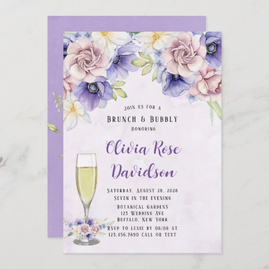 Violet Lila Watercolor Florals Brunch & Bubbly Einladung (Vorne/Hinten)