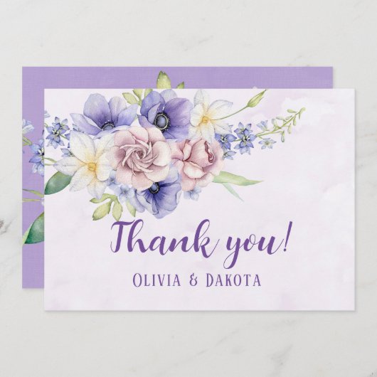 Violet Lila Watercolor Florals Dankeskarten Einladung (Vorne/Hinten)