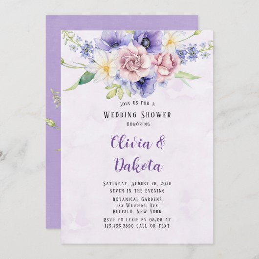 Violet Lila Watercolor Florals Polterabend Einladung (Vorne/Hinten)