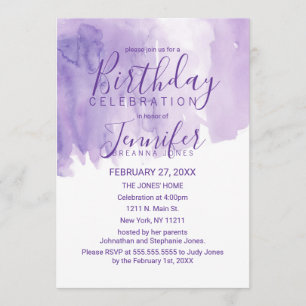 Violet Lila Watercolor Splash Geburtstagsparty Einladung