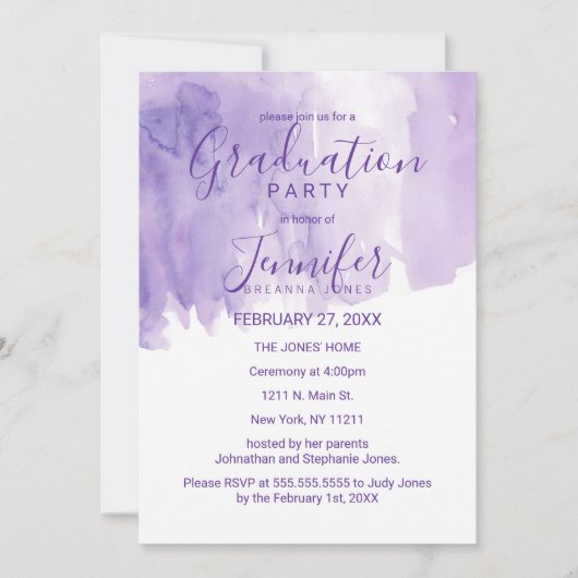 Violet Lila Watercolor Splash Graduation Party Einladung (Vorderseite)