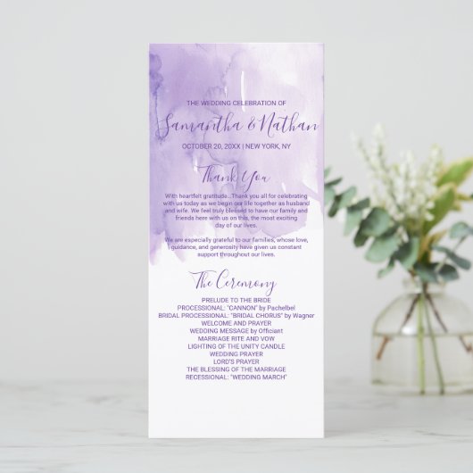 Violet Lila Watercolor Splash-Hochzeitsprogramme Programm (Stehend Vorderseite)