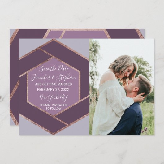 Violet Lilac Lila Rose Gold Hexagon Rett Date Einladung (Vorne/Hinten)