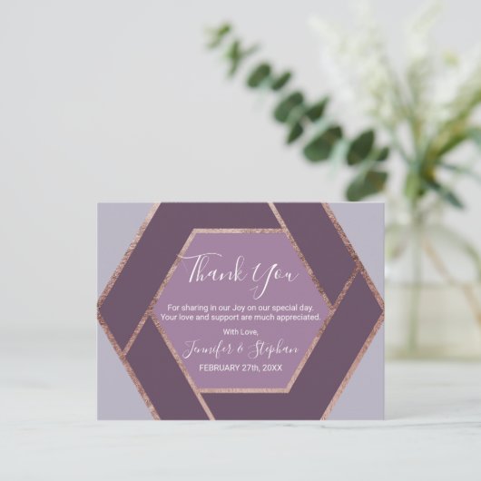 Violet Lilac Lila Rose Gold Hexagon Vielen Dank Postkarte (Stehend Vorderseite)