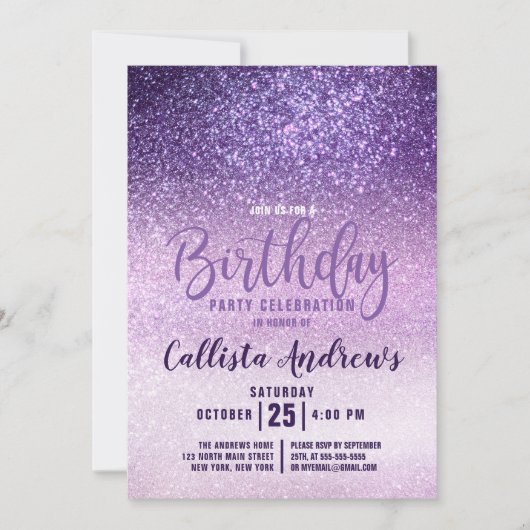 Violet Lilac Lila Triple Glitzer Ombre Birthday Einladung (Vorderseite)