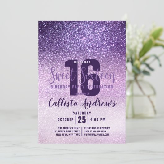 Violet Lilac Lila Triple Glitzer Ombre Sweet 16 Einladung (Stehend Vorderseite)