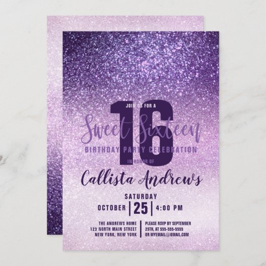 Violet Lilac Lila Triple Glitzer Ombre Sweet 16 Einladung (Vorne/Hinten)