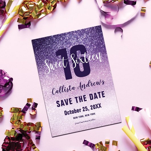 Violet Lilac Lila Triple Glitzer Ombre Sweet 16 Save The Date