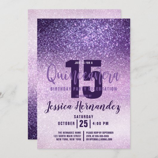 Violet Lilac Lila Triple Glitzer Quinceañera Einladung (Vorne/Hinten)