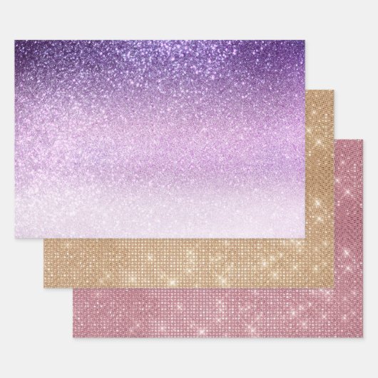 Violet Lilac Pastel Lila Triple Glitzer Ombre Geschenkpapier Set (Set)