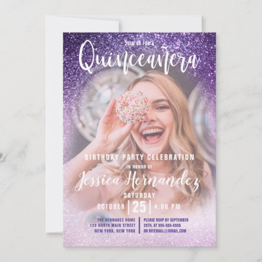 Violet Lilac Triple Glitzer Foto Quinceañera Einladung (Vorderseite)