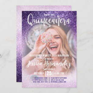 Violet Lilac Triple Glitzer Foto Quinceañera Einladung