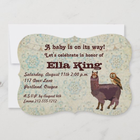 Violet Llama & Owl Floral Baby Einladung (Vorderseite)