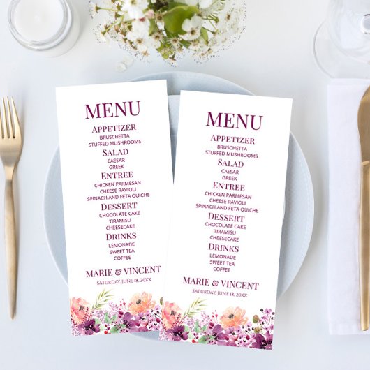 Violet Magenta Lila florale Blume Hochzeit Essen Menükarte