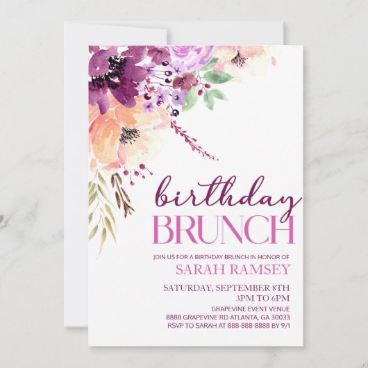 Violet Magenta Purple Floral Birthday Brunch Einladung (Vorderseite)