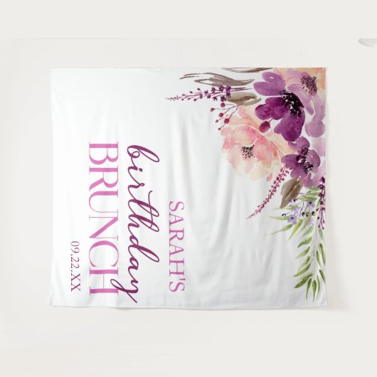 Violet Magenta Purple Floral Birthday Brunch Wandteppich (Vorderseite (Horizontal))