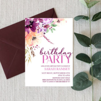 Violet Magenta Purple Floral Flower Birthday Party Einladung