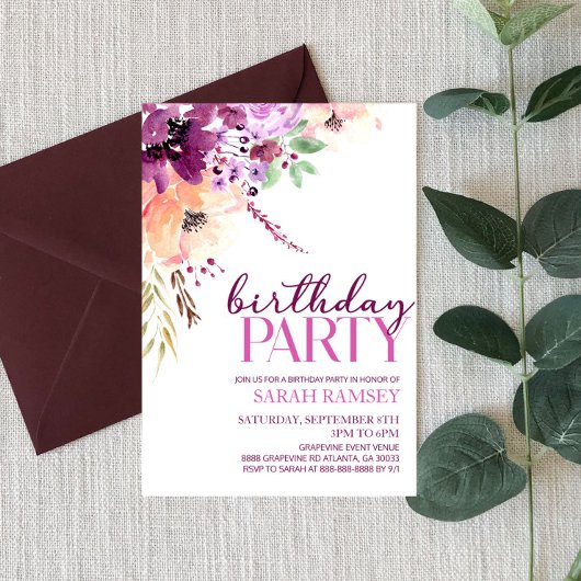 Violet Magenta Purple Floral Flower Birthday Party Einladung
