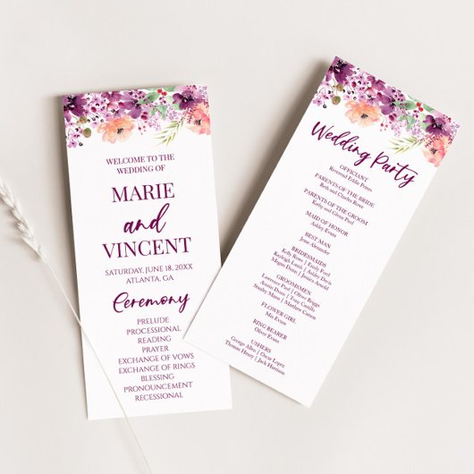 Violet Magenta Purple Floral Flowers Wedding Programm