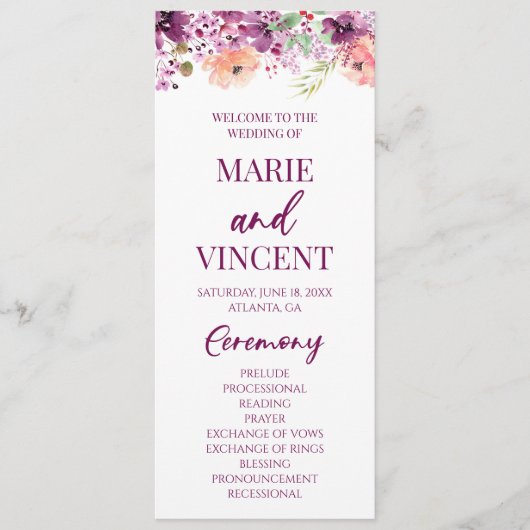 Violet Magenta Purple Floral Flowers Wedding Programm (Vorderseite)