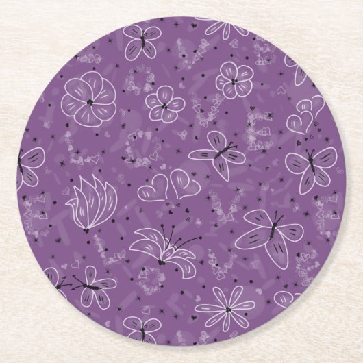 Violet Mauve Butterfly LIEBE - nahtloses Muster. Runder Pappuntersetzer (Vorderseite)