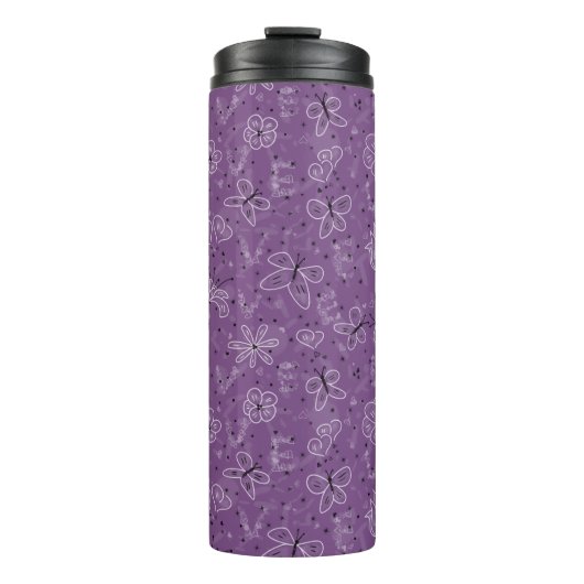 Violet Mauve Butterfly LIEBE - nahtloses Muster. Thermosbecher (Vorderseite)