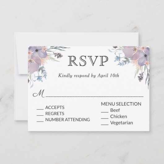 Violet Meadow Wedding RSVP mit Menüauswahl Karte (Vorderseite)