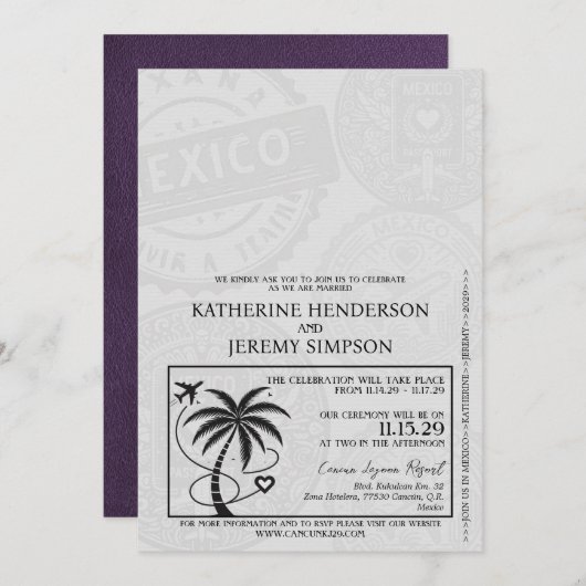 Violet Mexico Passport Hochzeit Einladung (Vorne/Hinten)