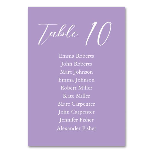 Violet Minimalistisches Skript Hochzeitsplan Tischnummer (Vorderseite)