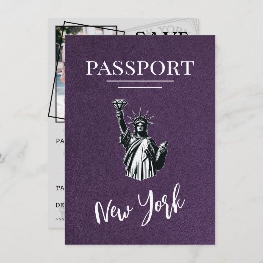 Violet New York City Passport Save the Date (Vorne/Hinten)