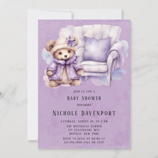 Violet Niedlich Teddy Bärenstuhl Girl Babydusche Einladung (Vorderseite)