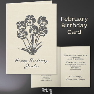 Violet Pansy Februar Birth Blume Linen gestempelt Karte
