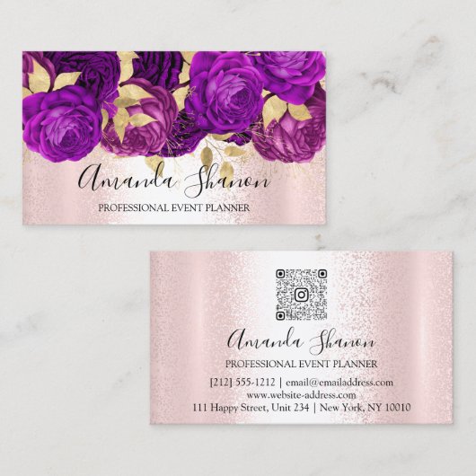 Violet Pink Gold Blume Logo Event Planner QRCode Visitenkarte (Vorne/Hinten)