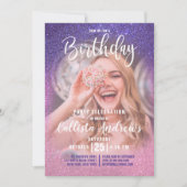 Violet Pink Triple Glitzer Ombre Foto Geburtstag Einladung (Vorderseite)