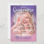 Violet Pink Triple Glitzer Ombre Foto Quinceañera Einladung (Vorderseite)
