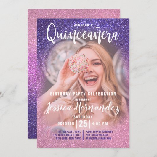 Violet Pink Triple Glitzer Ombre Foto Quinceañera Einladung (Vorne/Hinten)