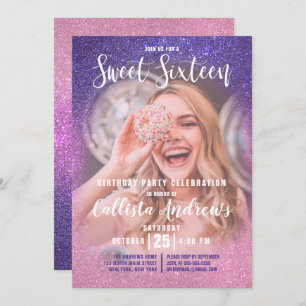 Violet Pink Triple Glitzer Ombre Foto Sweet 16 Einladung