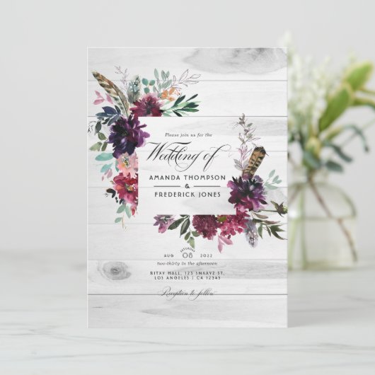 Violet Plum Floral QR Code UAWG Bohemische Hochzei Einladung (Stehend Vorderseite)