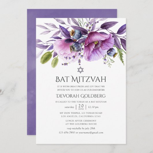 Violet Poppy Floral Bat Mitzvah Einladung (Vorne/Hinten)