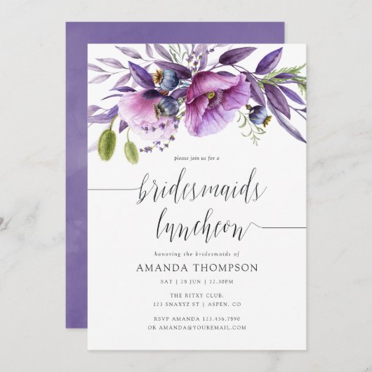 Violet Poppy Floral Bridesmaids Luncheon Einladung (Vorne/Hinten)