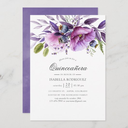 Violet Poppy Floral Quinceañera Einladung (Vorne/Hinten)