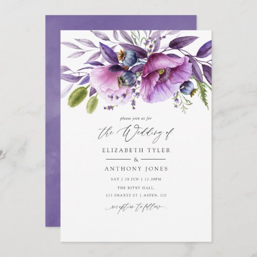 Violet Poppy Floral Wedding Einladung (Vorne/Hinten)