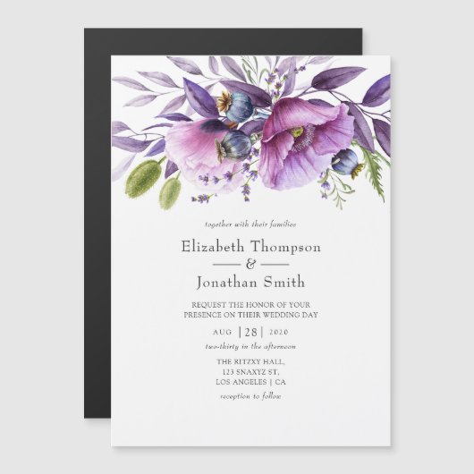 Violet Poppy Floral Wedding Magneteinladung (Vorne/Hinten)